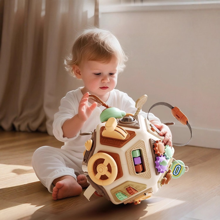 Montessori Busy Board Cube Travel Activity Toy for Toddlers Fine Motor Learning