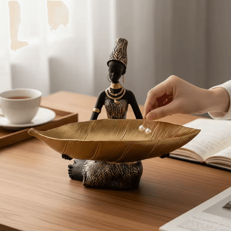 Hand Crafted African Resin Figurine with Trinket Tray for Home and Office Decor