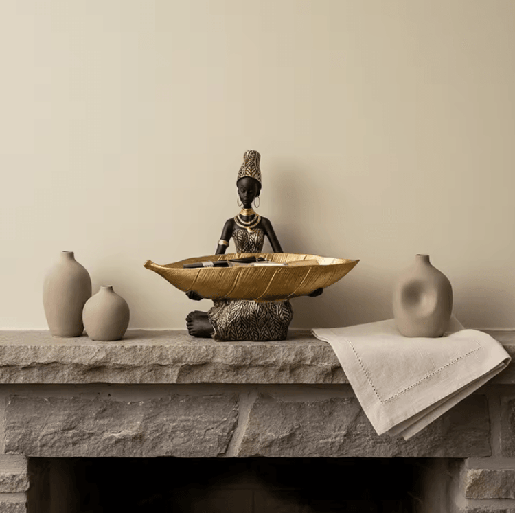 Hand Crafted African Resin Figurine with Trinket Tray for Home and Office Decor
