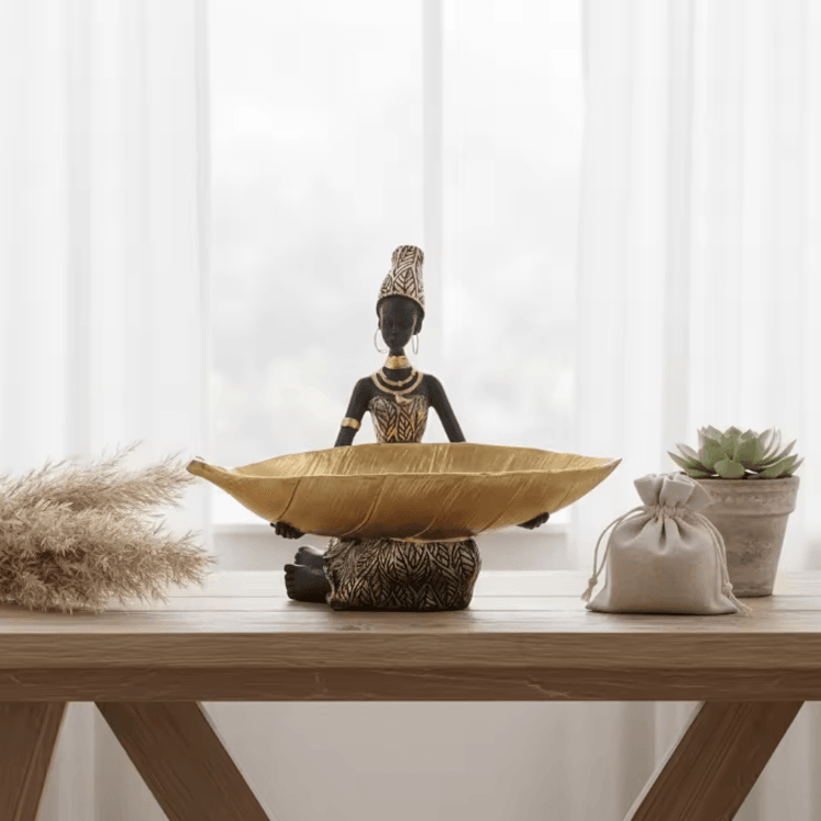 Hand Crafted African Resin Figurine with Trinket Tray for Home and Office Decor