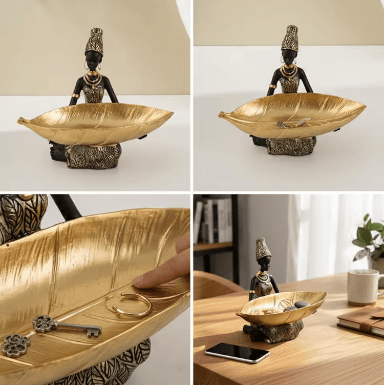 Hand Crafted African Resin Figurine with Trinket Tray for Home and Office Decor